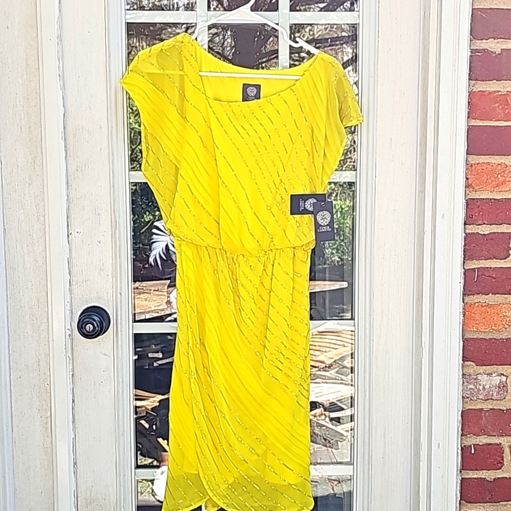 NWT Vince Camuto Asymmetrical Blazing Yellow Sequn Dress